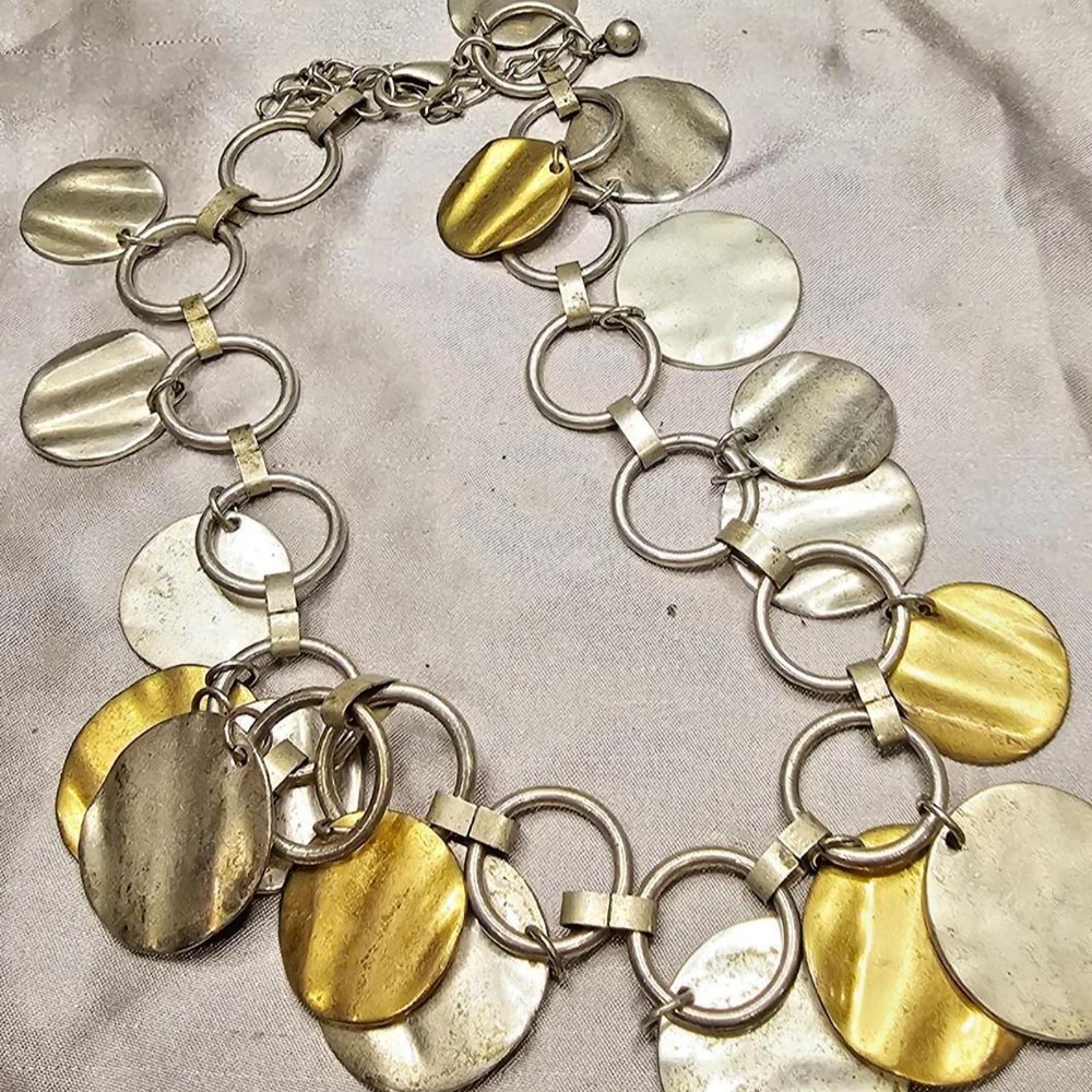 Mixed Metal Disc Necklace Silver Gold Hammered Circles Modern Statement